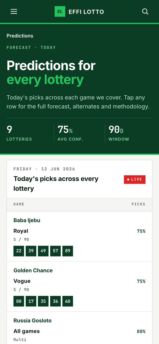 Effi Lotto predictions screen on a phone