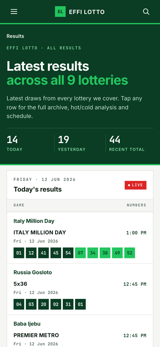 Effi Lotto results screen on a phone